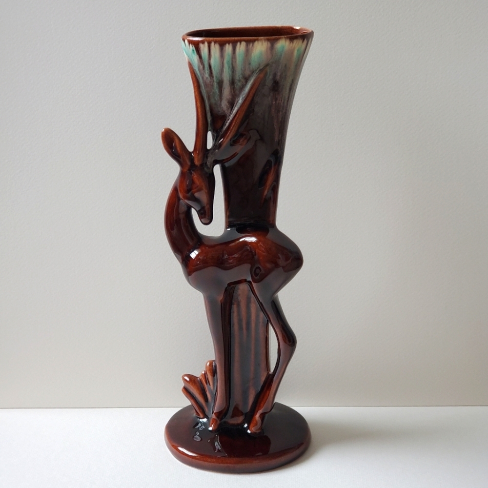 Vintage Royal Ariston Impala Gazelle Vase 2803 Brown & Mint Green Drip Glaze MCM